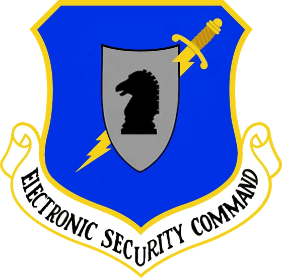 Electronic Security Command emblem: a black knight chess piece on a gray shield, crossed by a dagger and lightning bolt, on a blue shield with a gold border