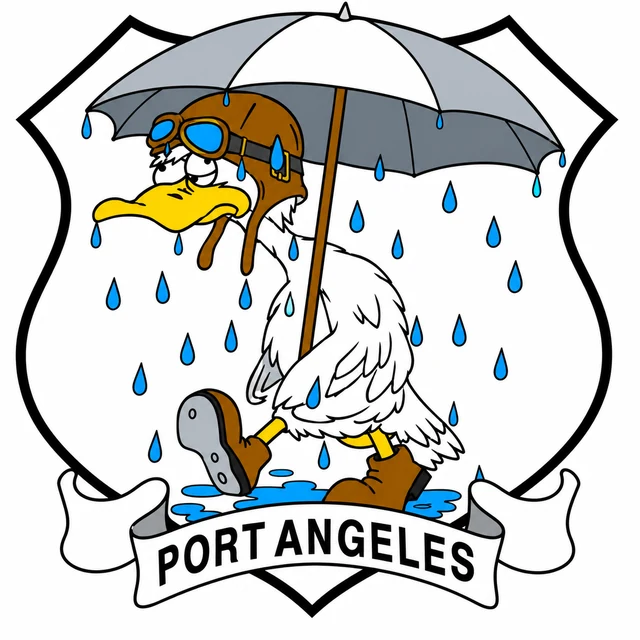 Coast Guard Auxiliary Flotilla 4-4 Port Angeles logo: a duck in a leather flight helmet and goggles, holding an umbrella in the rain, above a Port Angeles banner